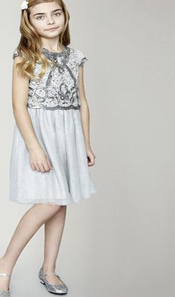 Bhs Girls Silver Beaded Scallop Dress, silver
