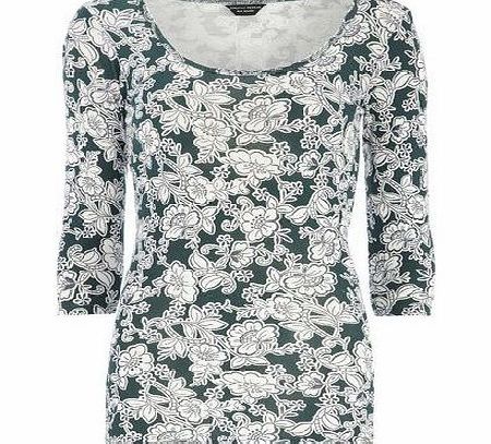 Bhs Green Floral 3/4 Scoop Jersey Top, green