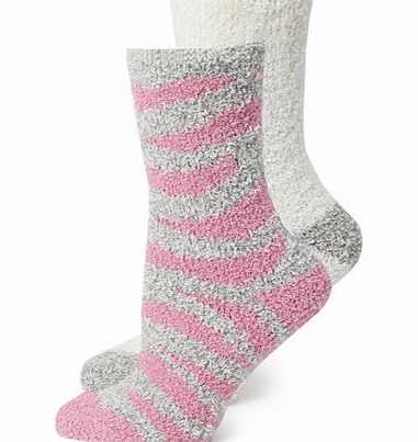 Grey  Pink Zebra 2 Pack of Bedsocks, grey marl