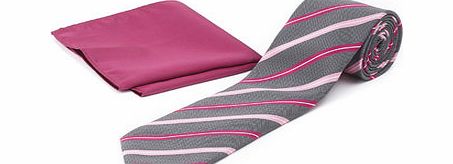 Grey and Pink Stripe Tie and Hanky Set, Grey