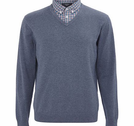 Bhs Grey Checked Mock Shirt Jumper, GREY MARL
