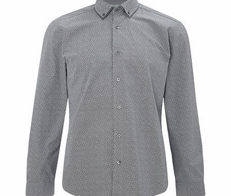 Bhs Grey Cotton Square Print Cutaway Collar Shirt,