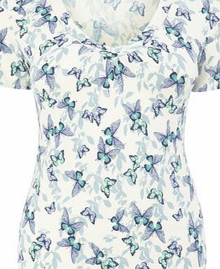 Bhs Ivory Butterfly Printed Gathered V Neck Top,