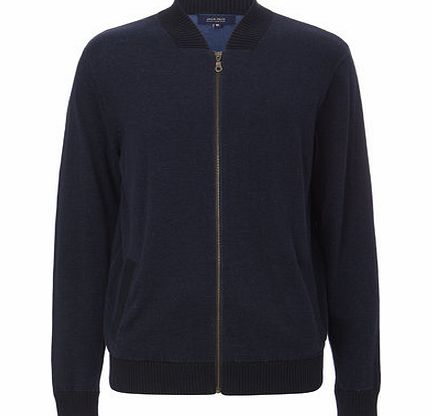 Jack Reid Navy Zip Knitted Bomber Jacket, Blue