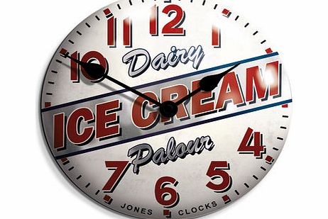 Jones ice cream advertisement tin clock, multi