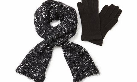 Bhs Ladies Black Fluffy Ribbon Scarf and Glove Set,