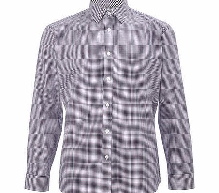 Bhs Long Sleeve Navy Gingham Tailored Shirt, Blue