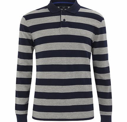 Long Sleeved Navy Striped Polo Shirt, Blue