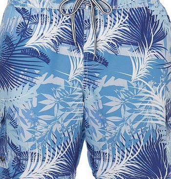 Bhs Mens Blue Leaf Print Cargo Swim Shorts, Blue