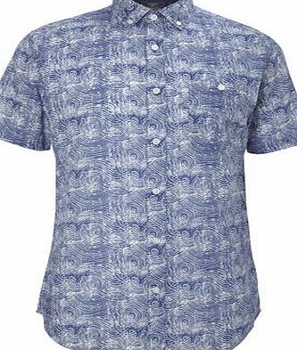 Bhs Mens Blue Wave Design Linen Mix Shirt, Blue