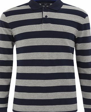 Bhs Mens Navy Long Sleeved Striped Polo Shirt, Blue