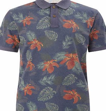 Bhs Mens Trait Navy Tropical Print Polo Shirt, Blue