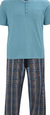 Bhs Mens Turquoise Woven Cotton Checked Pyjamas,