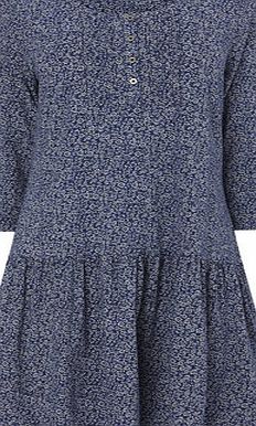 Bhs Navy 3/4 Sleeve Ditsy Dropwaist Tunic Dress,
