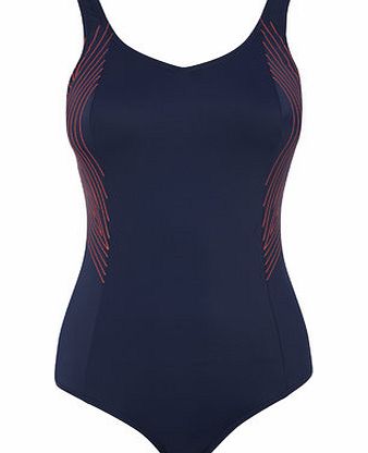 Navy And Red Side Print Swirl Sport Swimsuit,