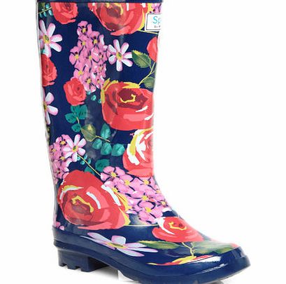 Bhs Navy Floral Print Extra Wide Wellington Boots,