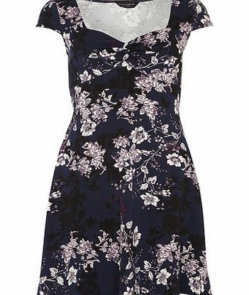 Bhs Navy Floral Twist Front Dress, blue 19130521483
