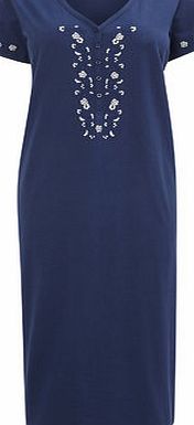 Bhs Navy Short Sleeve Jersey Embroidered Nightdress,