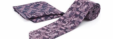 Navy with Pink Paisley Design Tie and Hanky Set,
