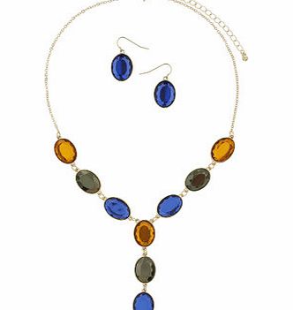 Bhs Oval Stone Necklace and Earring Set, blue multi