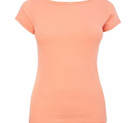 Peach Short Sleeve Slash Neck Top, peach