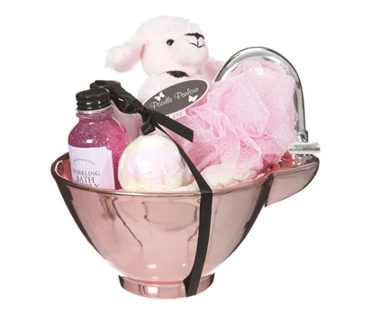 bhs Poodle in sink filled with toiletries