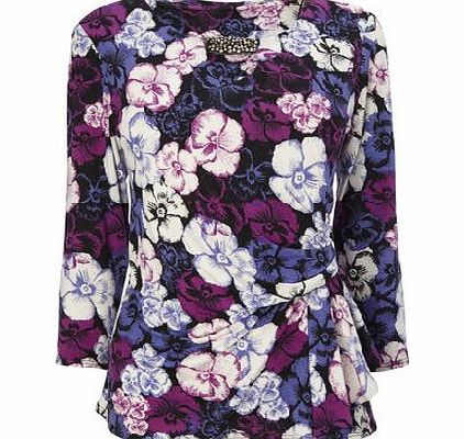 Bhs Purple Pansy Print Ruched Side Top, black/purple