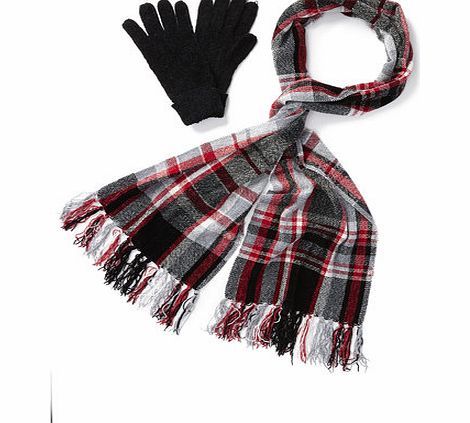 Bhs Red Chenille Check Scarf and Glove Set, reds