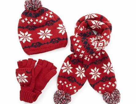 Bhs Red/Navy/Ivory Fair isle Scarf, Hat and Glove