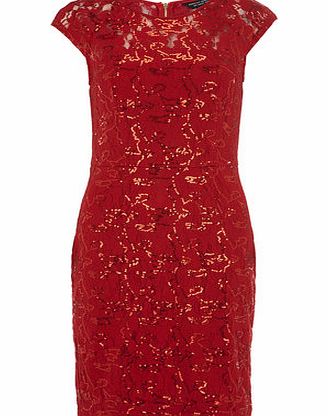 Bhs Red Sequin Lace Pencil Dress, red 19127443874