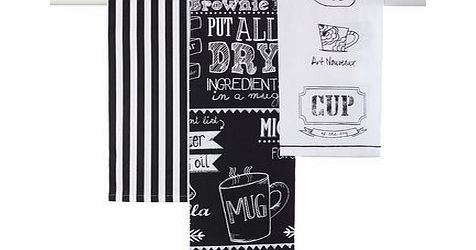 Bhs Set of 3 black text tea towels, black/white