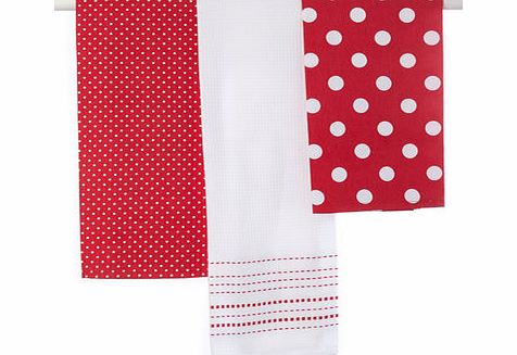 Bhs Set Of 3 Waffle Spot Tea Towels, red 9574953874