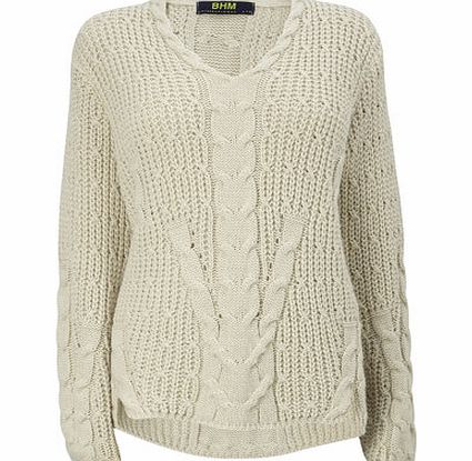 Bhs Stone Cable V Neck Jumper, stone 588410263