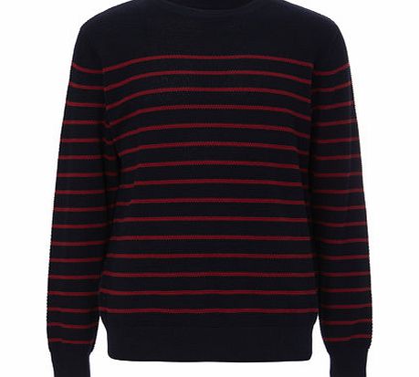 Trait Navy Breton Stripe Crew Neck Jumper, Blue