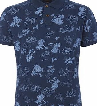 Bhs Trait Navy Palm Tree Print Polo Shirt, NAVY