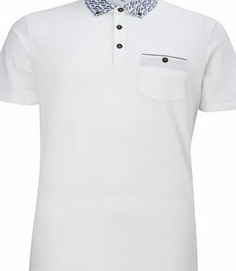 Bhs Trait White Floral Collar Polo Shirt, WHITE