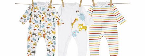 Bhs Unisex 3 Pack Long Sleeved Printed Sleepsuits,