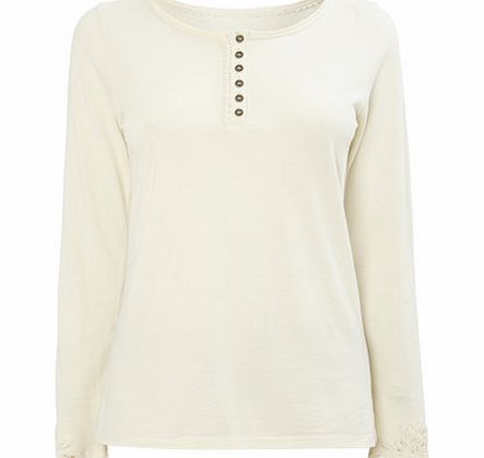 Bhs vory Long Sleeve Crochet Sleeve Button Neck Top,