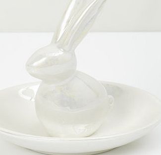 Bhs White Pearlised Ceramic Bunny Ring Holder, white