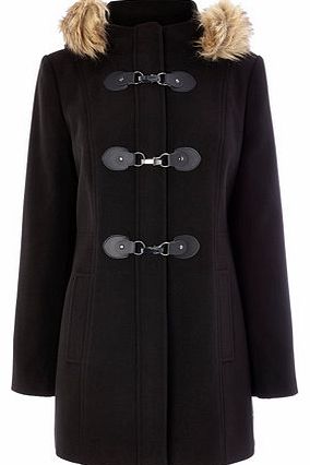 Womens Black Fur Trim Duffle Coat, black