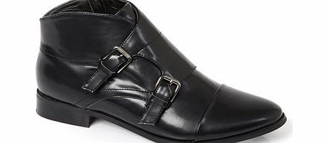 Womens Black High Shine Double Monk Ankle Boot,