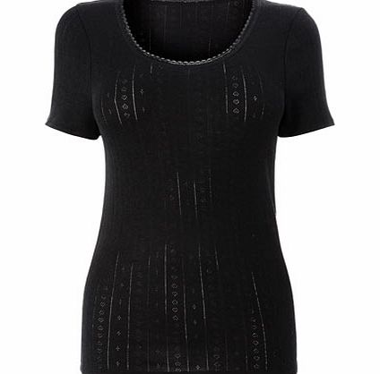 Bhs Womens Black Pointelle Thermal T-shirt, black
