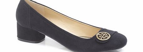 Womens Black Round Trim Block Heel Court Shoe,