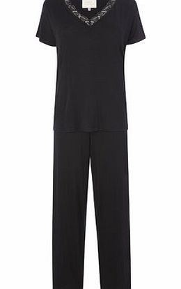 Womens Black Viscose Lace Trim Pyjamas, black