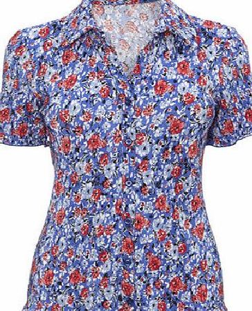 Bhs Womens Blue Floral Plisse Shirt, navy multi