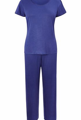 Womens Blue Viscose Satin Trim Pyjamas, blue