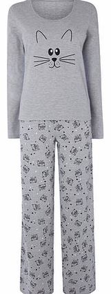 Bhs Womens Grey Marl Cat Face PJ Set, grey marl