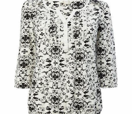 Bhs Womens Ivory/black 3/4 Sleeve Folk Bubble Hem