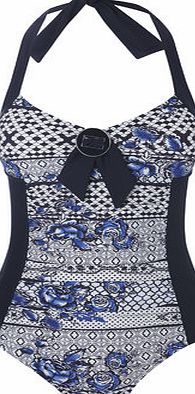 Womens Navy and White Floral Printed Panel Tummy
