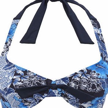 Womens Navy Floral Print Underwired Bikini Top,